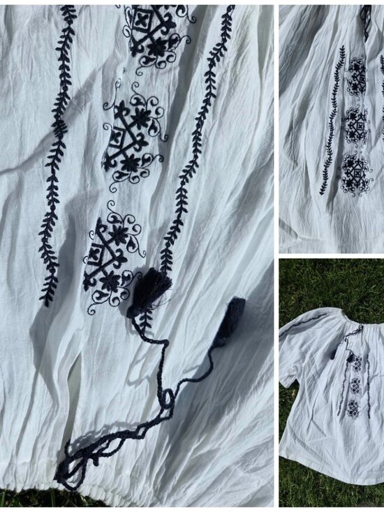 Tops - Romanian Embroidered Peasant Blouse White Black Folk Ie - size S